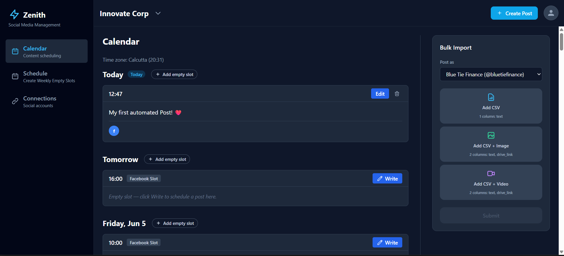 Zenith social connections screenshot showing secure OAuth account isolation