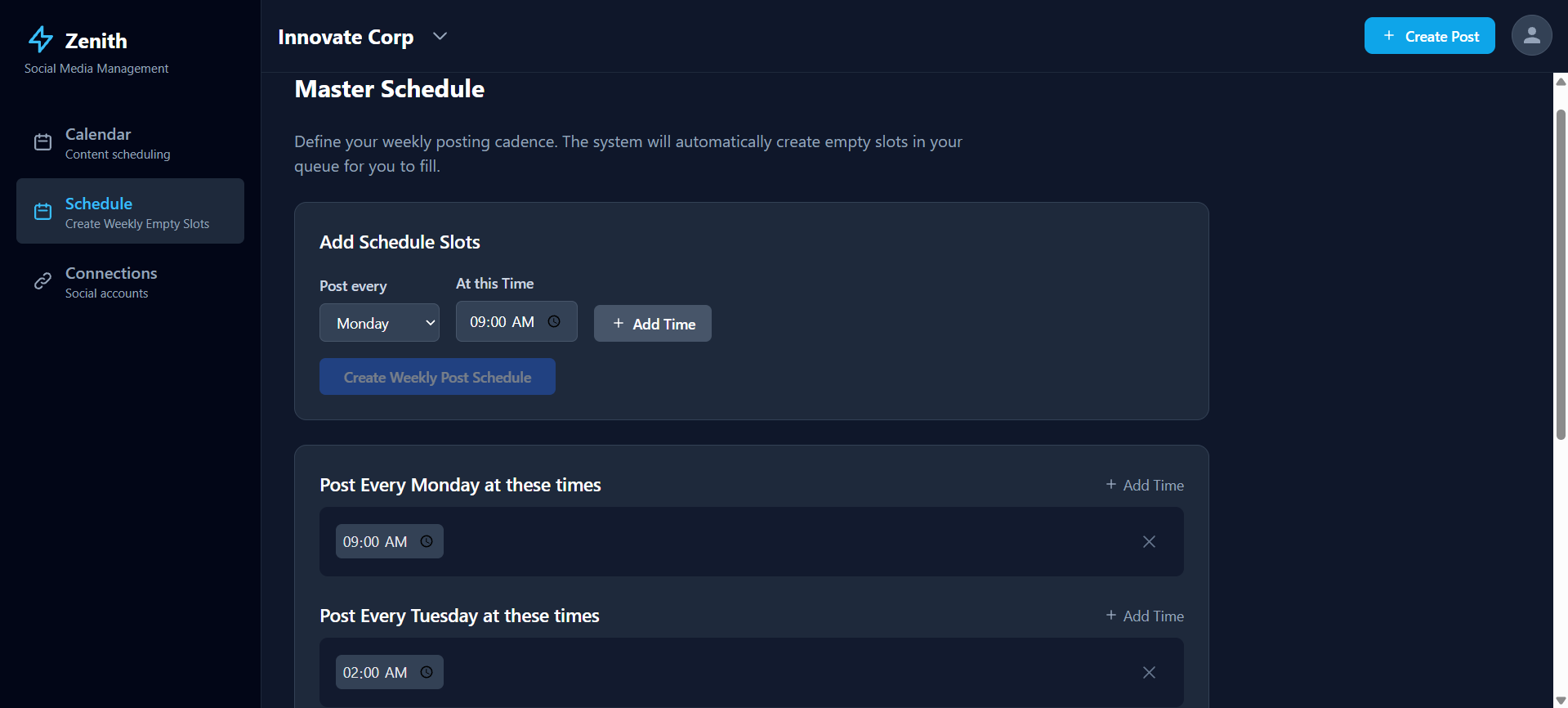 Zenith schedule screen showing weekly posting times